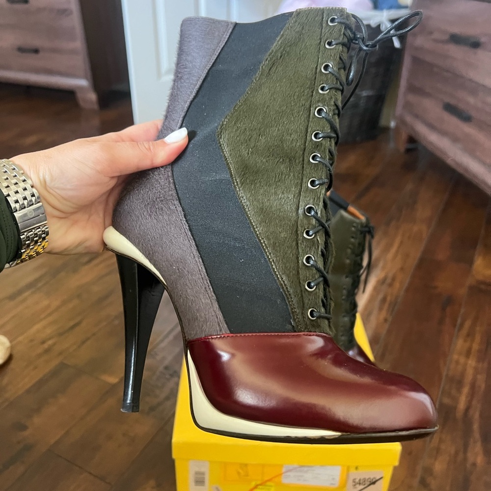 Fendi Multicolor Lace-Up Ankle Booties — Burgundy, Olive, Black, Gray